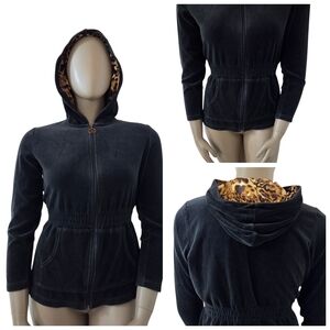 MISS TINA Velour Full Zip Cinched Waist Satin Leopard Lined Hoodie XL Black VTG